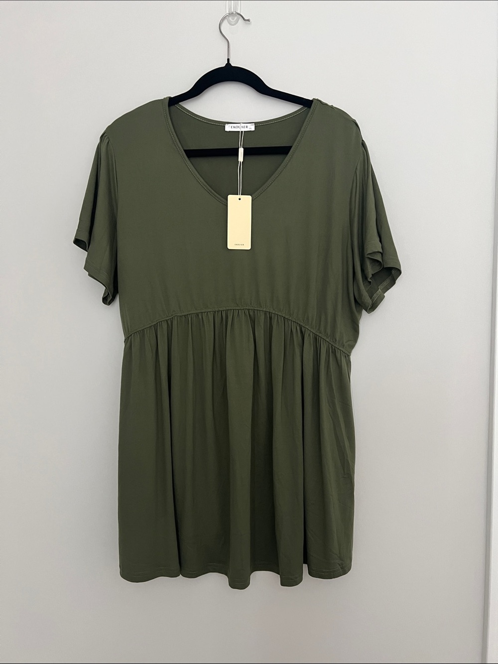 Ekouaer Olive V-Neck Babydoll Maternity Tunic